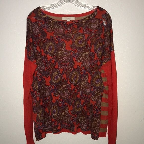Ann Taylor LOFT top career knit red striped paisley Sz XL FIRM on PRICE - Picture 1 of 4